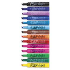 six different colored markers with the words written on them in white writing and black ink