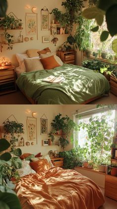 two pictures of a bedroom with plants on the wall and in the bed, there is a green comforter