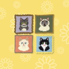 four square crocheted pictures of cats and kittens on a yellow background with daisies