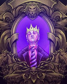 a drawing of a man with a crown on his head in front of a purple background