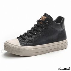 Olivia Mark - Genuine Leather High-Top Lace-Up Retro Color Block Sneakers Casual Soft Sole Shoes Bubble Sleeve Top, Leather High Tops, Sole Shoes, Retro Color, Casual Flats, Suede Heels, Lace Tops, Casual Sneakers, High Top