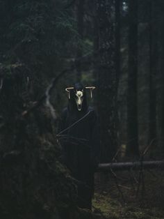 a person with horns on their head standing in the woods