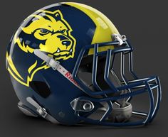 a football helmet with the word michigan on it's side and an image of a dog