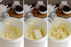 four pictures show how to make cake batter