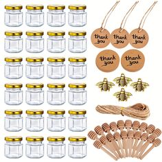 a set of mason jars with thank you tags and honeybees in each jar