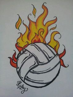 a drawing of a volleyball ball on fire