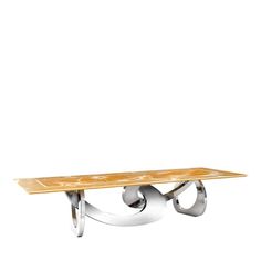 a wooden table with two metal legs and a wood top on the bottom, against a white background