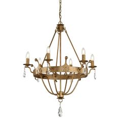 an antique chandelier with crystal drops hanging from the bottom, and gold finish