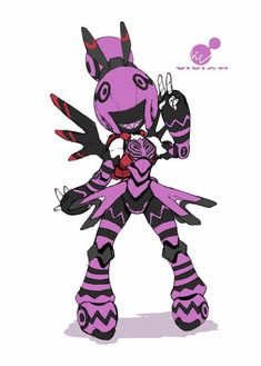 a drawing of a purple and black animal with stripes on it's body, holding a