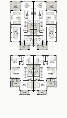 three story house plan with four floors and two garages on each floor, in the middle