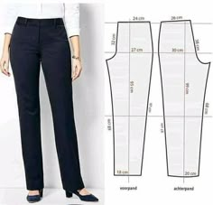 the front and back view of a woman's pants with measurements for each side