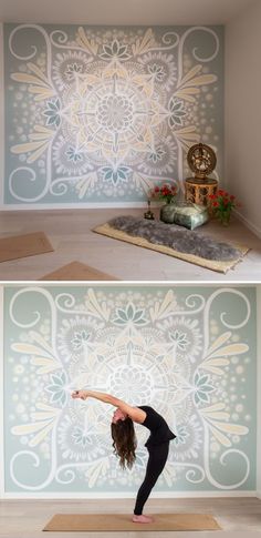 a woman doing yoga poses in front of a wall with an intricate design on it