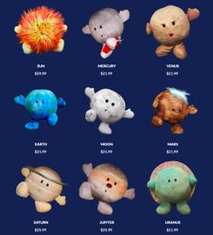 an image of stuffed animals that are in different sizes and colors on a blue background