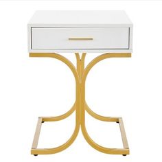 a white and gold side table with two drawers on one end, an open drawer on the other