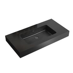 a black bathroom sink sitting on top of a counter