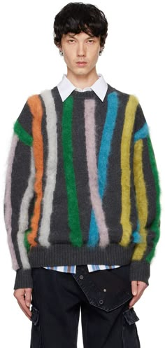 Find LE PERE Gray Tyndell Stripe Sweater on Editorialist. Knit lambswool sweater. Intarsia mohair stripes throughout. · Rib knit crewneck, hem, and cuffs · Dropped shoulders Supplier color: Multicolor Oversized Sweater Men, Menswear Inspiration, Intarsia Knitting, 2024 Menswear, Gray Cashmere Sweater, Creative Knitting, Palette Design, Lambswool Sweater, Retro Sweater