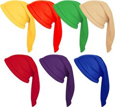 six different colors of head wraps in various sizes and shapes on a white background