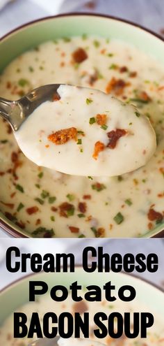 cream cheese potato bacon soup in a bowl with a spoon