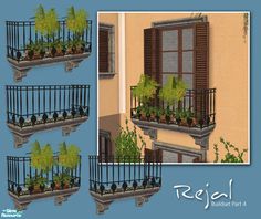 the balcony is decorated with plants and potted plants on each balconies, along with shuttered windows