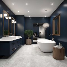 a large bathroom with blue walls and white flooring is pictured in this artist's rendering