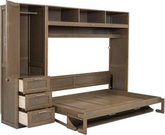 a wooden bed with drawers underneath it and a shelf above the bed that has an open door