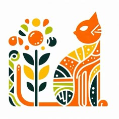 an orange and black cat sitting next to a flower on top of a white background