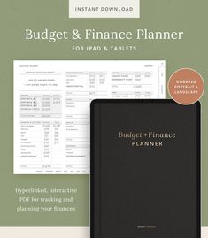 the budget and finance planner for ipad and tablets is shown in front of a green background