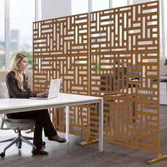 a woman sitting at a desk with a laptop in front of an office divider