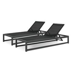 two lounge chairs sitting next to each other on top of a white floor with black frame