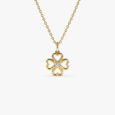 14k Gold Diamond Clover Necklace / Dainty stackable Clover Leaf Necklace for Women / Dainty Gold Necklace by Ferkos Fine Jewelry ▶ Details   * Made to Order * Gold KT: 14K Solid Gold (also available in 18K) * Length & Width: 9 x 9 MM * Round Diamond: 1 pcs 2.00MM * Total CTW: 0.04 ctw * Diamond Color-Clarity: G Color SI Clarity * Ready to Ship in 1-2 Business Days ▶ See more of our Diamond Necklaces here - https://etsy.me/3YbpVq2  ▶ See our storefront here - http://etsy.me/2lUcVnH  ▶ All store s Stackable Rings Wedding, Clover Necklace, Gold Gemstone Ring, Dainty Gold Necklace, Gold Armband, Gold Bracelet Chain, Ruby Jewelry, Emerald Earrings, Leaf Necklace