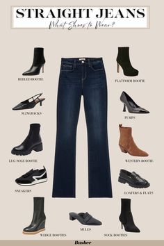 Straight Leg Jeans Shoes Winter, Flare Jean Boots, What Jeans To Wear With Ankle Boots, Straight Leg With Boots, Straight Jeans And Sneakers, Shoes Straight Leg Jeans, Boots With Jeans 2024, Jeans Outfit Winter Aesthetic