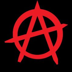 the anarchy symbol is shown in red on a black background, with an arrow pointing towards it