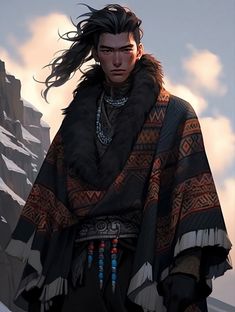 a man with long hair wearing a black and brown outfit standing in front of a mountain