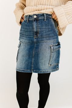 hillary cargo skirt // denim Winter Essentials Clothes, Cargo Mini Skirt, Skirt Denim, Cargo Skirt, Clothing Essentials, Oversized Sweatshirt, Crochet Sweater, Spandex Fabric, Spring Outfit