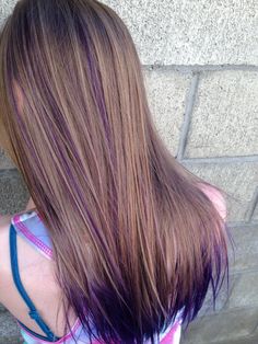 Brown Hair With Colourful Highlights, Light Brown With Purple Highlights, Purple Strands In Brown Hair, Purple And Brown Hair Ideas, Light Brown Hair Purple Highlights, Purple Highlights Straight Hair, Purple Highlights Brown Hair Straight, Light Brown Hair With Purple Underneath