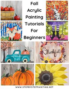 fall acrylic painting projects for beginners with pumpkins, sunflowers and trees