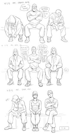 some sketches of people sitting and standing in different positions, with one man looking at the camera