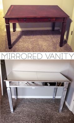 an old desk is transformed into a mirrored table with the words how to mirror furniture on it