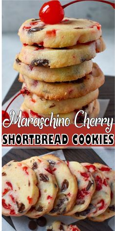 there is a stack of shortbread cookies with cherries on top and the words, maraschino cherry shortbread cookies