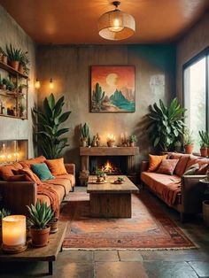 a living room filled with lots of furniture next to a fire place and potted plants