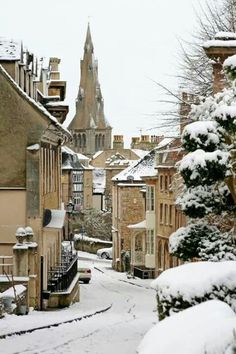 a snowy street with buildings and trees in the foreground, and a church steeple in the background