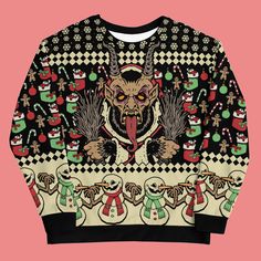 Ugly Christmas Krampus Sweatshirt Krampus Embroidery, Spooky Christmas Sweater, Krampus Sweater, Ugly Christmas Sweater Print, Scary Christmas, Ugly Sweater Christmas Party Sweaters & Cardigans, Laid Back Style, Ugly Christmas, Christmas Sweater