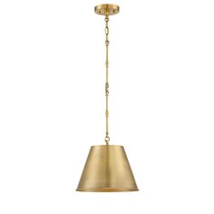 a brass colored pendant light with chain hanging from the bottom, on an isolated white background