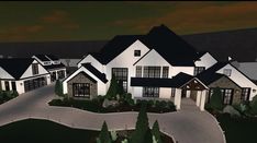 this is an artist's rendering of a large house in the night time with lots of trees and bushes