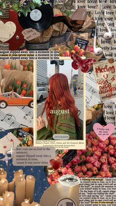 an altered collage with various pictures and words on it's side, including flowers