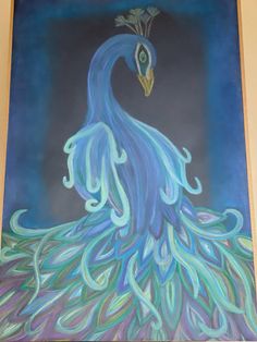 a painting of a peacock with blue feathers