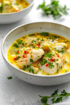 two white bowls filled with soup and garnished with parsley on the side