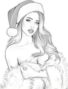 a drawing of a woman wearing a santa hat and holding a cat in her arms