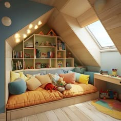 a child's bedroom with a loft bed and bookshelf