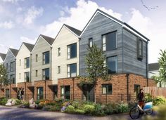 an artist's rendering of a row of townhouses with bicycles parked in front